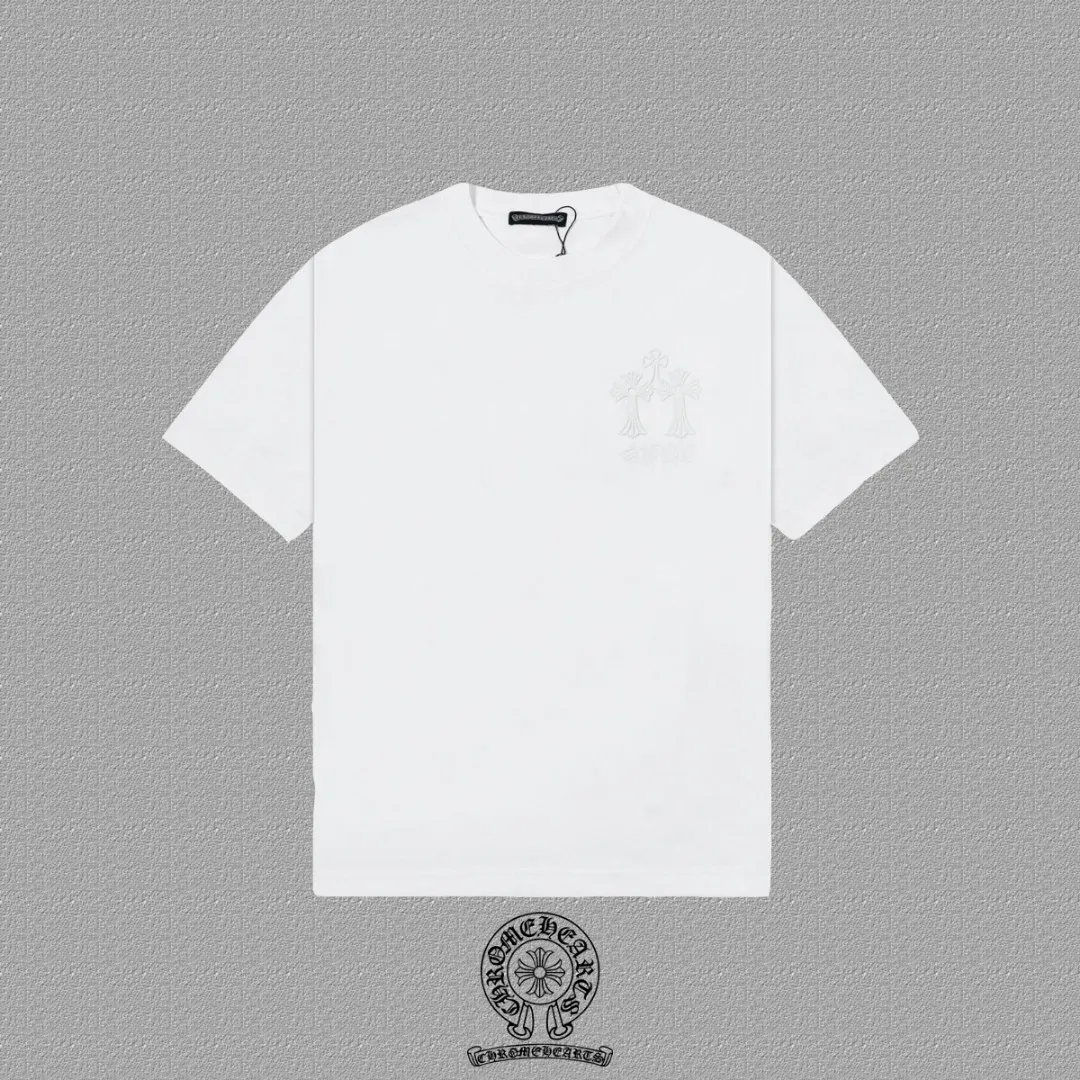 🅿️200 [CH Crow Heart] 2025FW short-sleeved T-shirt, arch bridge embroidery, high-end 26s double yarn 300g fabric, heavy fabric, custom stretcher rib, same cylinder and dye, complete three standards, same style for men and women, color: black, white, size: S M L XL 2XL